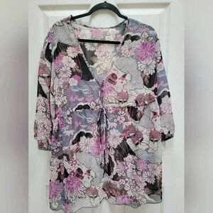 Boutique Brand  Floral Colorful Sheer Adjustable Tie Waist Blouse Plus Size 2x